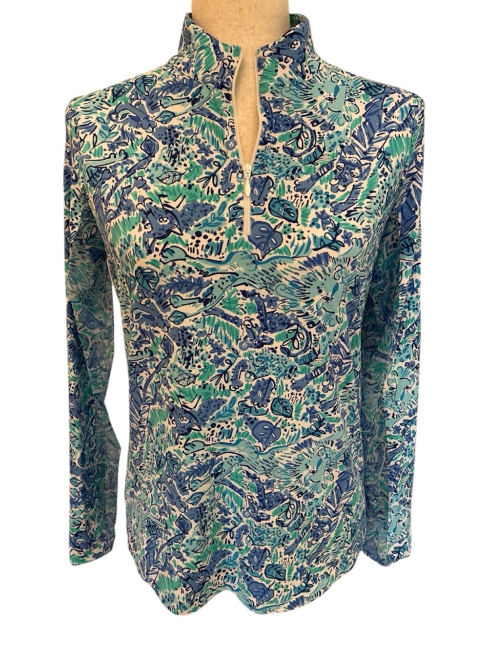 IBKUL Cat Cay Print Long Sleeve Golf Polo IceFil UPF 50+ Sz S Blue